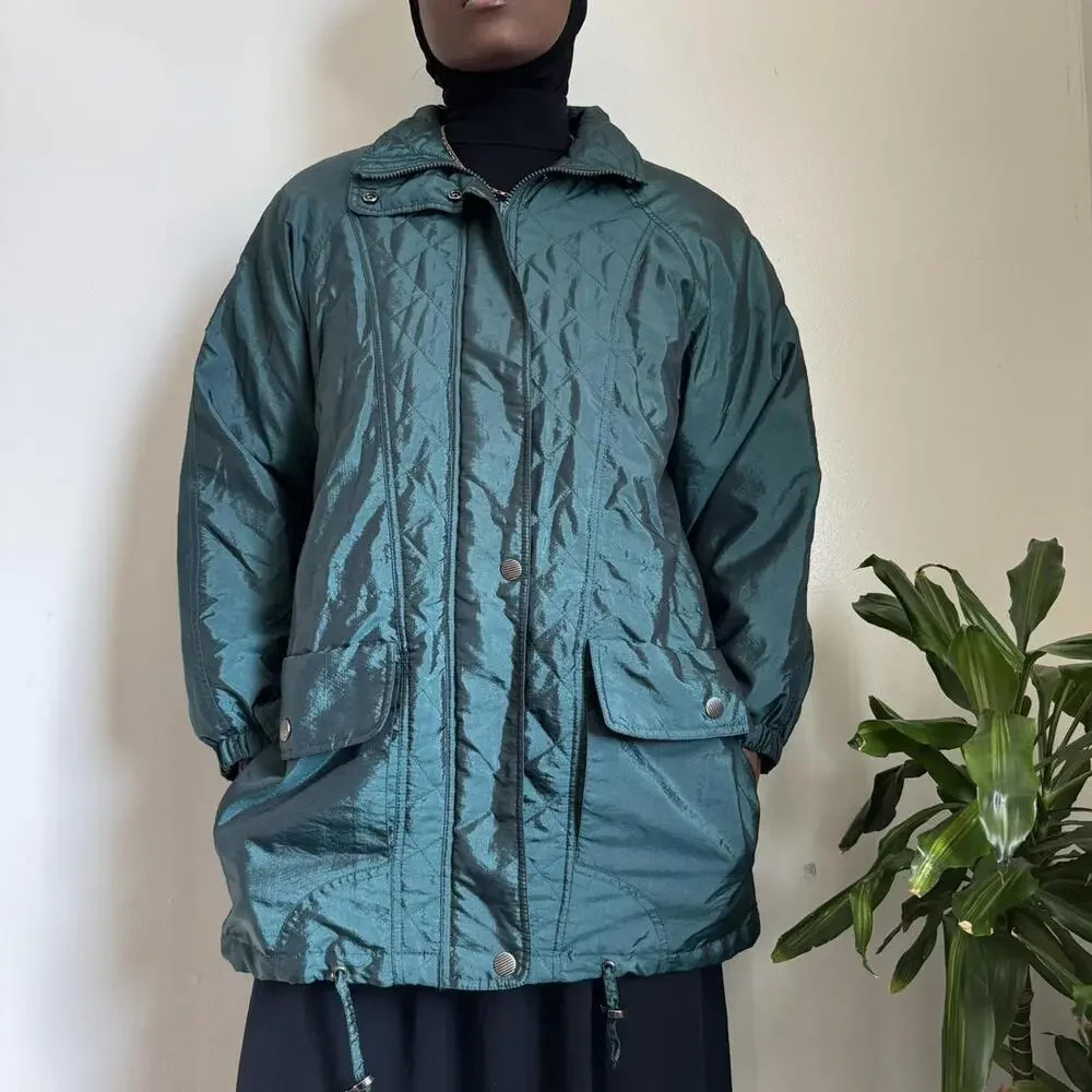 Vintage 90s London Fog Quilted Iridescent‎ Teal Parka Jacket - M